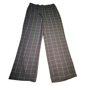 New York & Company Windowpane Plaid Wide Leg Trousers Grey Black Size 8